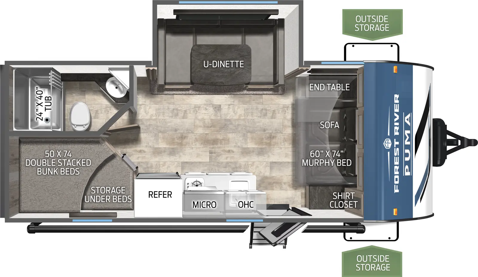 The Puma Ultra Lite 18BHX floorplan has one entry and one slide out. Exterior features include: metal exterior and 16' awning. Interiors features include: bunk beds, u-dinette and murphy bed.